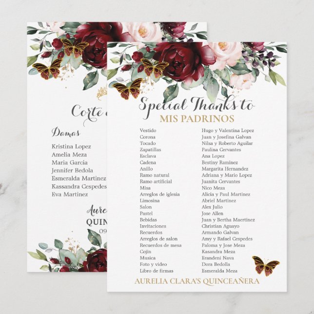 Convites Placa Padrinos Floral QUINCEAÑERA Burgundy Blush (Frente/Verso)