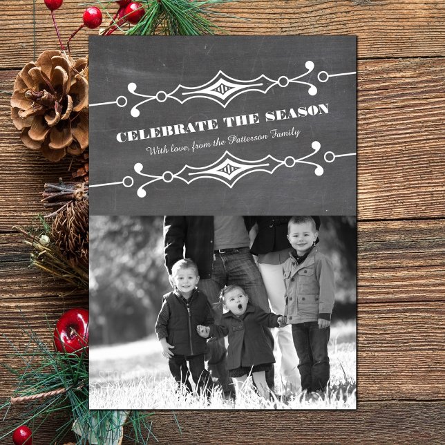Convites Placa Plana de Foto Feriada de Quadros Quadrados d (Slanted Chalkboard Holiday Photo Card)