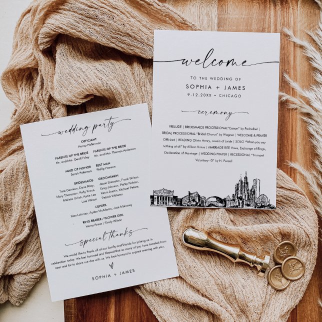 Convites Placa Plana do Programa de Casamento Skyline de Ch (Criador carregado)