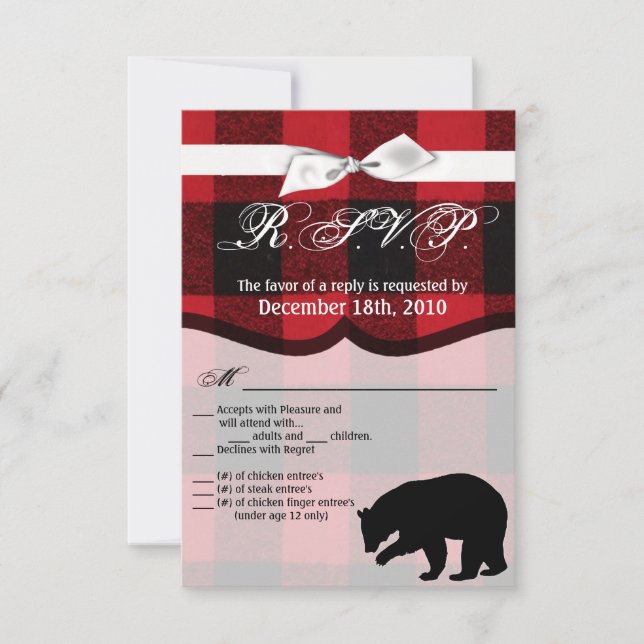 Convites Placa R.S.V.P. 3.5x5 - Urso Xadrez Vermelho de Buf (Frente)