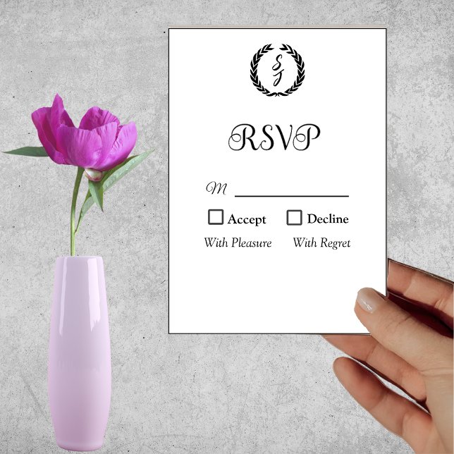 Convites Placa RSVP Branca Monograma Elegante Preta (Criador carregado)