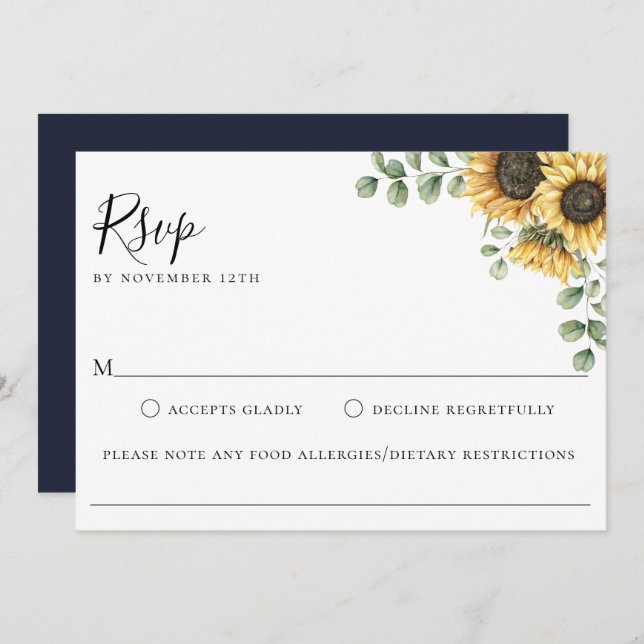 Convites Placa RSVP de Alergia à Comida de Floral de Sunflo (Frente/Verso)