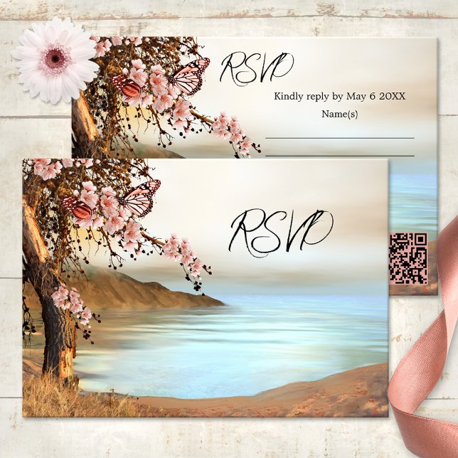 Convites Placa RSVP de Casamento de Borboleta Oceânica de C (Spring wedding RSVP card featuring a cherry tree with pink butterflies at the waterfront)