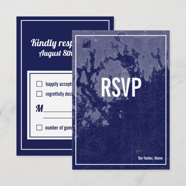 Convites Placa RSVP de Casamento de Mapa de bar Harbour Mai (Frente/Verso)