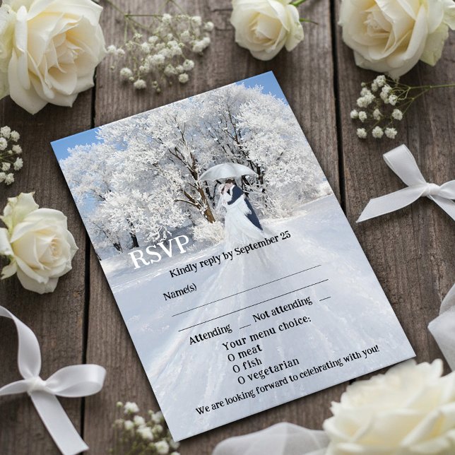 Convites Placa RSVP de Casamento de Sonhos de Inverno Artís (Wedding RSVP card featuring a painting of a winter wonderland scene with a couple with umbrella)