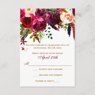 Convites Placa RSVP de Casamento - Floral de Borgonha, Pena