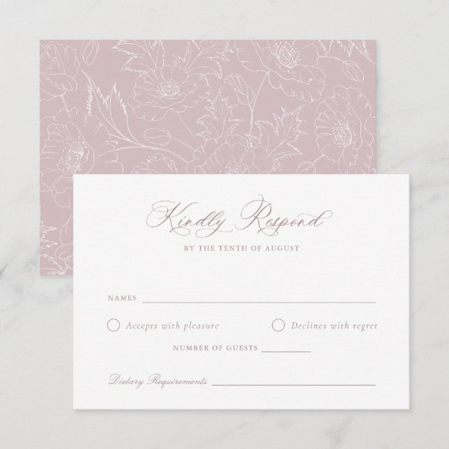 Convites Placa RSVP de Casamento Floral Mauve Blush (Frente/Verso)