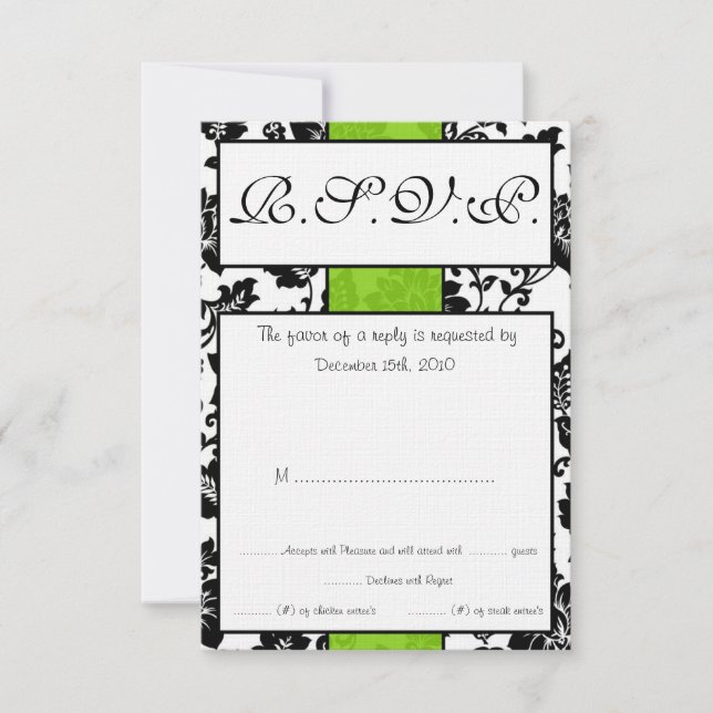 Convites Placa RSVP de Casamento tema damasco Floral Preta/ (Frente)