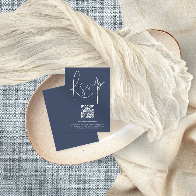 Convites Placa RSVP de Marinho Dusty de Script de Código QR (Criador carregado)