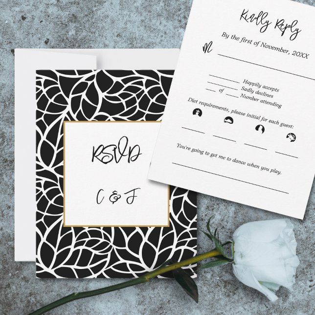 Convites Placa RSVP de Padrão de Folhagem de Abstrato branc (Black White Abstract Foliage Pattern RSVP Card)