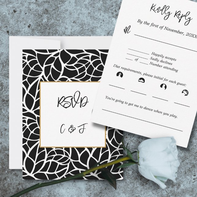 Convites Placa RSVP de Padrão de Folhagem de Abstrato branc (Black White Abstract Foliage Pattern RSVP Card)