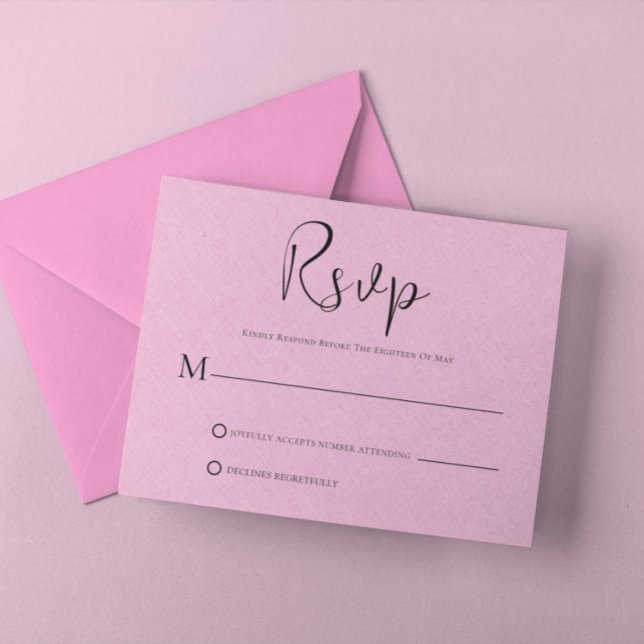 Convites Placa RSVP de Script Preto Simples Linen para rosa (Criador carregado)