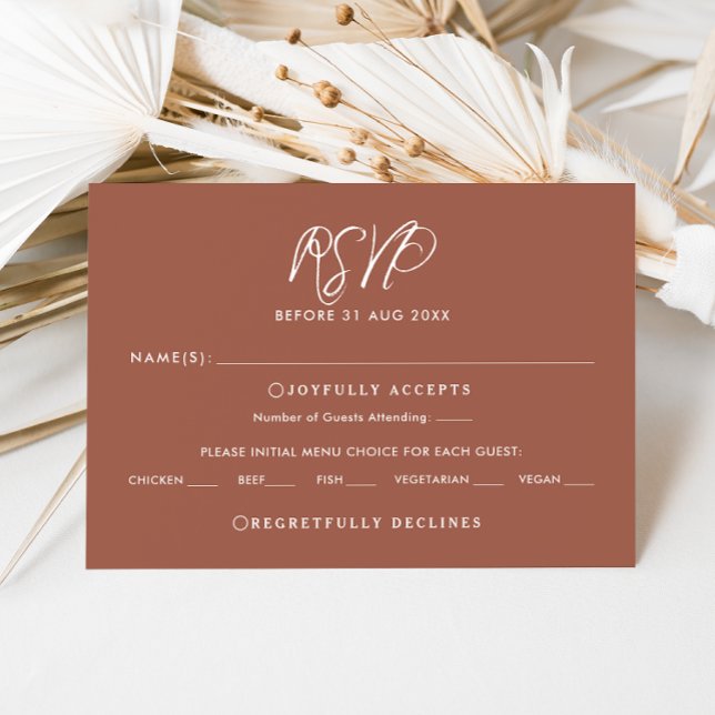 Convites Placa RSVP do Casamento outono de Script Terracott (Elegant burnt orange with white calligraphy and modern text wedding RSVP card )