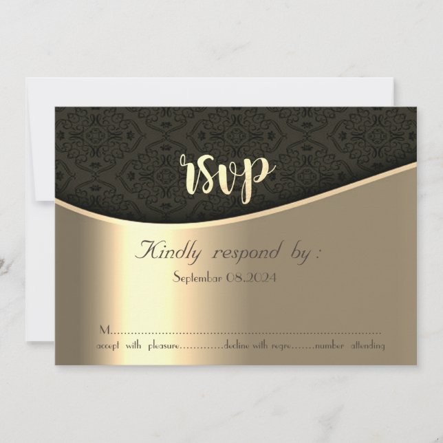Convites Placa RSVP Dourada para Damasco Preto Elegante (Frente)