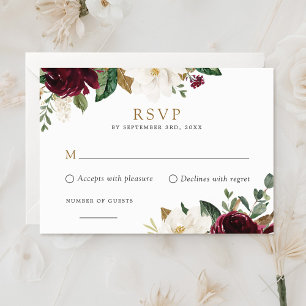 Convites Placa RSVP Floral Elegante Burgundy White Magnolia