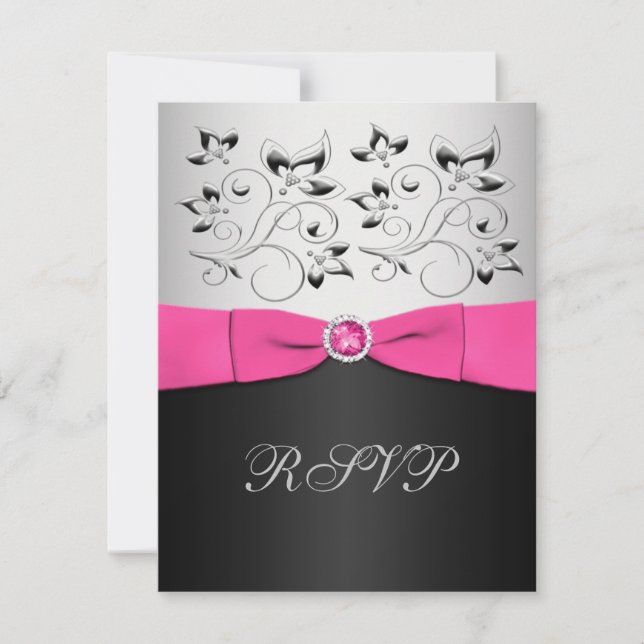Convites Placa RSVP Floral rosa, preta e prateada (Frente)