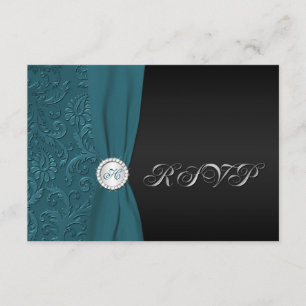 Convites Placa RSVP Monogramada para Damasco Teal e Negro