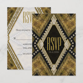Convites Placa RSVP Preta Geométrica Dourada Art Deco