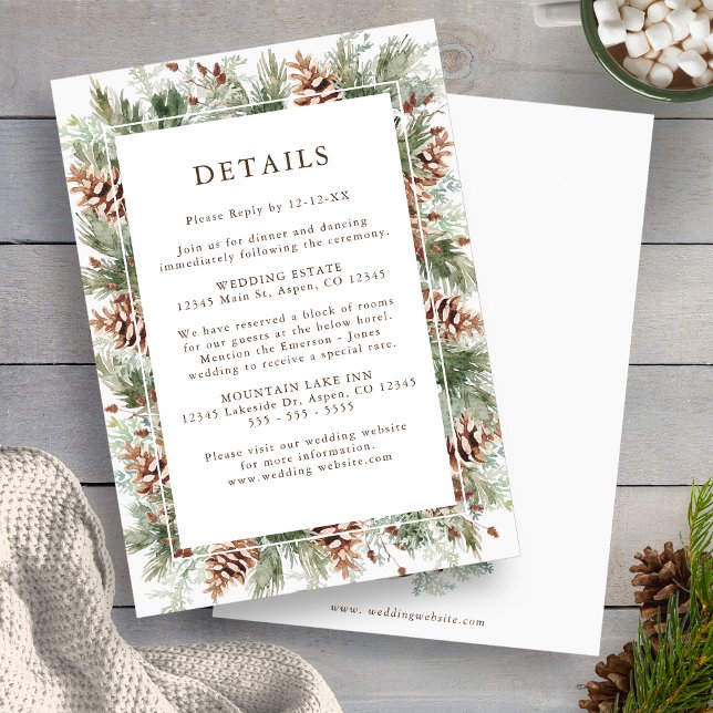 Convites Placas de Invólucro de Casamento Verde de inverno (Winter Greenery Pinecone Wedding Details Enclosure Cards by Painted Paperie
)