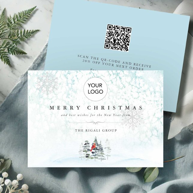 Convites Placas de Natal para empresas com logotipo e códig (Business Christmas cards with qr-code and logo watercolor blue winter scene pine trees and cardinal)