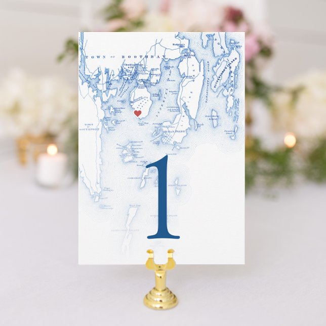 Convites Placas de números de tabela de casamento do Spruce (Spruce Point Inn Wedding Table Number Cards in elegant navy blue from Coastal Map Designs)