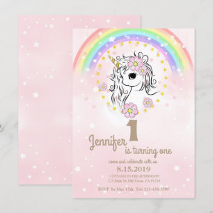 Convites Placas de primeiro aniversario do Unicórnio RosaB