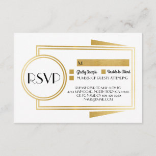 Convites Placas de resposta Art Deco RSVP Dourado White de 