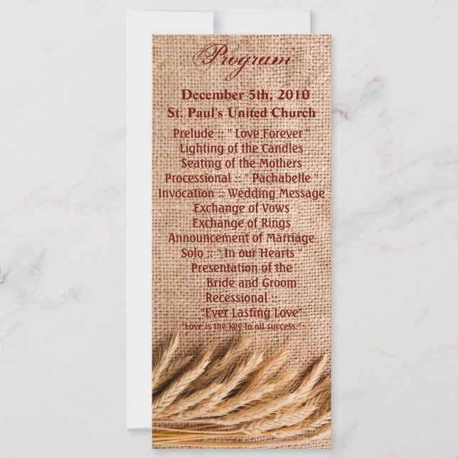 Convites Placas do Programa 4x9.25 Trigo no Burlap Sack Cou (Frente)