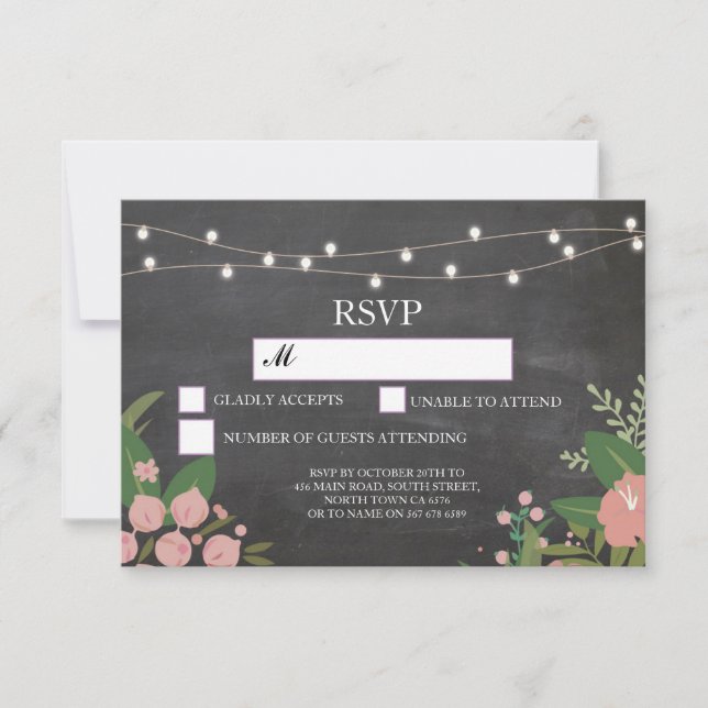 Convites Placas Florais RSVP Chalk Wedtic Lights (Frente)