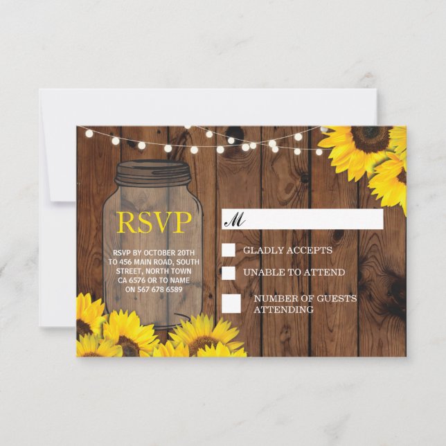 Convites Placas Respostas RSVP Wedding Rustic Jar Sunflower (Frente)