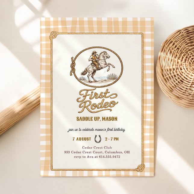 Convites Plaid Gingham Cowboy First Rodeo 1st Birthday (Criador carregado)