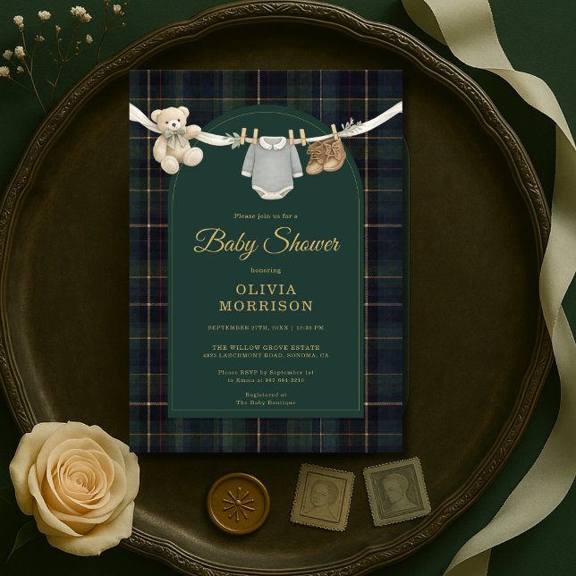 Convites Plaid Green Teddy Bear Clothesline Baby Shower (Criador carregado)