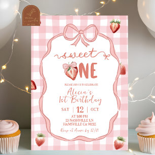 Convites Plaid Rosa Morango Coquette Doce Aniversário de um