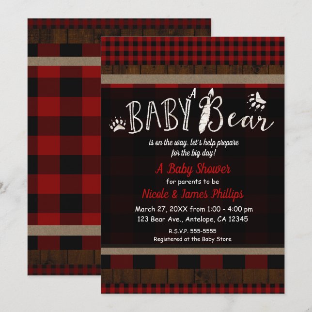Convites Plaid Rustico Urso Vermelho Bebe Chá de Bebê Unise (Frente/Verso)