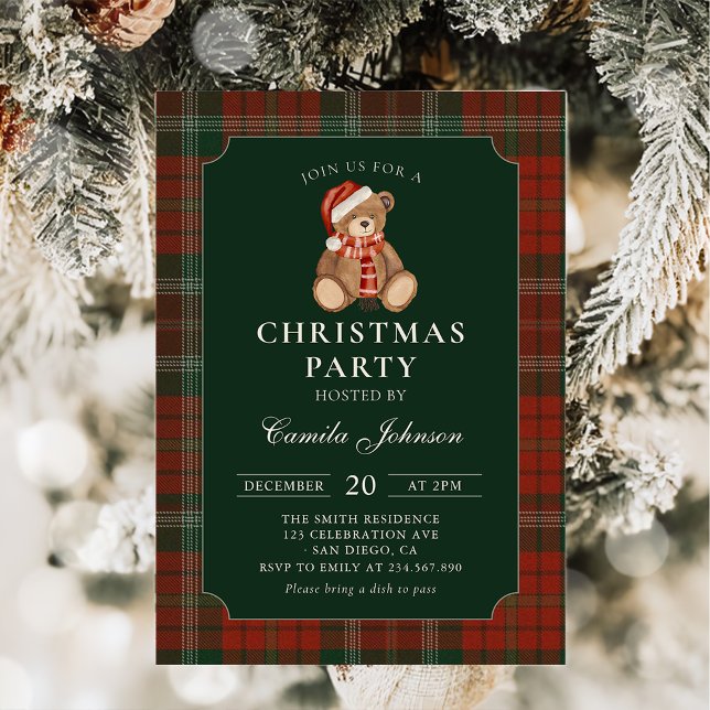 Convites Plaid Teddy Bear Christmas Party Invitation (Criador carregado)