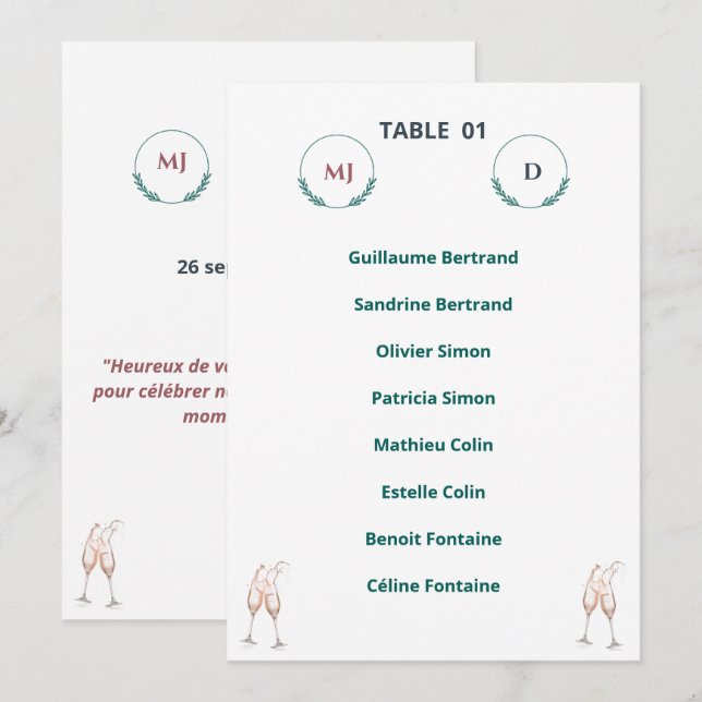 Convites Plan de Table Individuel Chic – Harmony Journey (Frente/Verso)