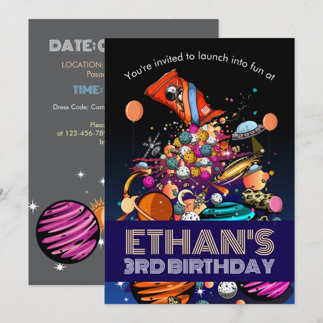 Convites Planetas doces na Festa de aniversário espacial (Frente/Verso)
