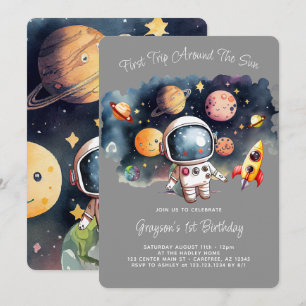 Convites Planetas Exteriores Cinza Primeiro Aniversário
