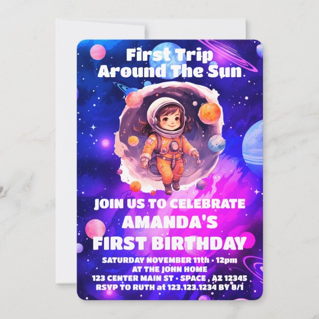 Convites Planetas Exteriores Menina Rosa Primeiro Aniversár (Frente)