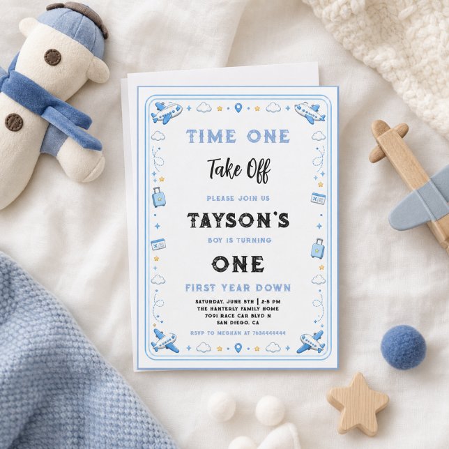 Convites Plano Azul Branco 1º Aniversário Hora do Primeiro  (Blue White Plane 1st Birthday Time One Take Off Invitation
)