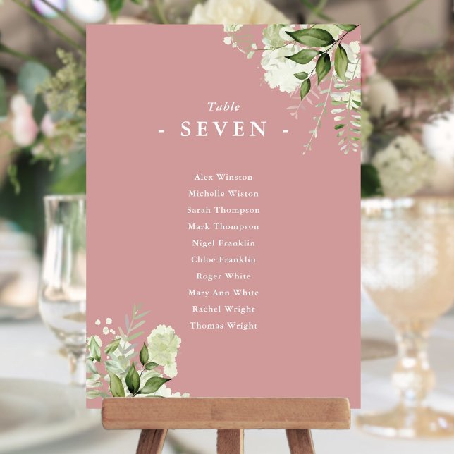 Convites Plano de Assento de Verde Vegetação Rosa Empoeirad (Dusty Rose Greenery Seating Plan Table Number)