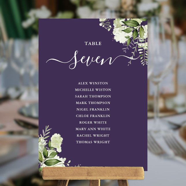 Convites Plano de Assento Floral Verde Roxo Número da Mesa (Purple Greenery Floral Seating Plan Table Number)