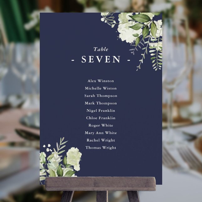 Convites Plano de Assentos de Mesa Número Verde Azul-Marinh (Navy Blue Greenery Seating Plan Table Number)