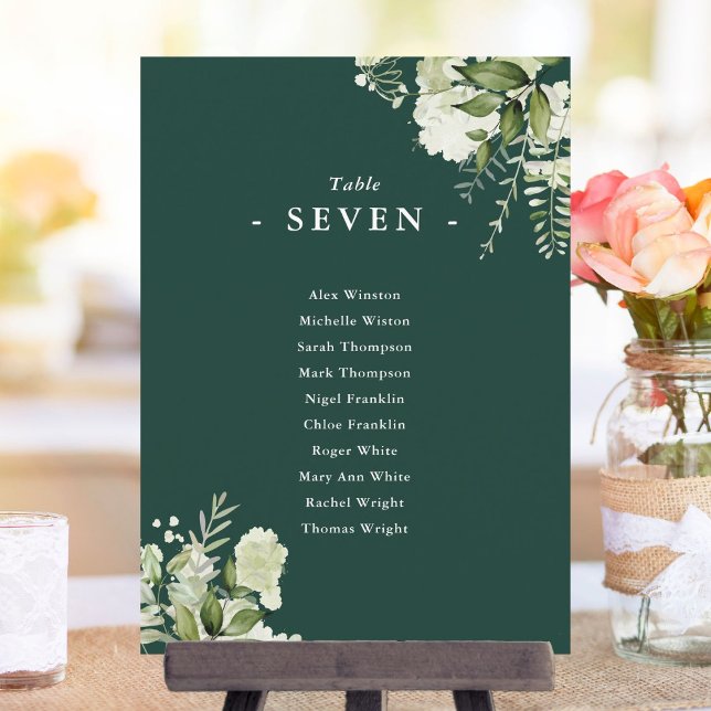 Convites Plano de Assentos Verde Esmeralda Floral Número da (Floral Emerald Green Seating Plan Table Number)