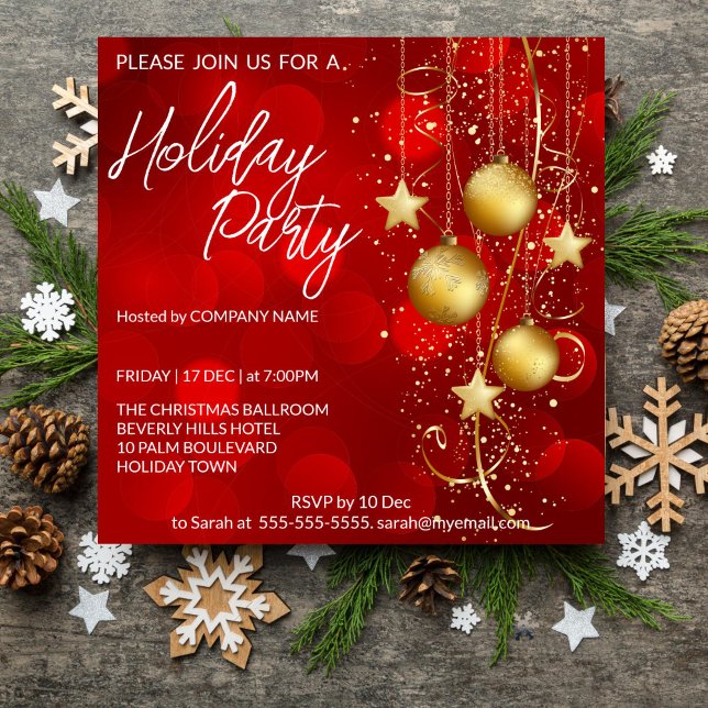Convites Plano de fundo do Red and gold baubles Feriado Con (Christmas Holiday party editable template invitation digital download red baubles gold corporate )