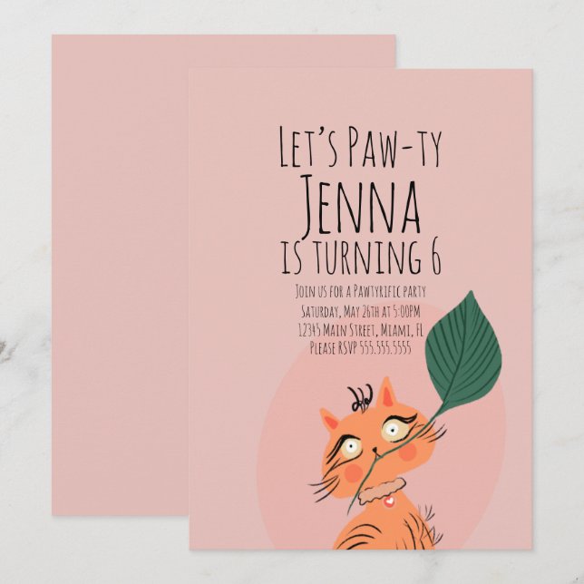 Convites Plano de Gato Bonito T Festa de aniversário Rosa P (Frente/Verso)