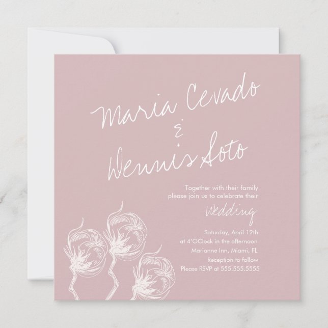 Convites Planta de Algodão Botânico Casamento Rótulo Desenh (Frente)