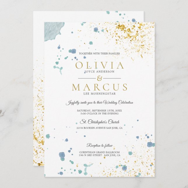 Convites Plantadores Dourados e Azuis Modernos de Casamento (Frente/Verso)
