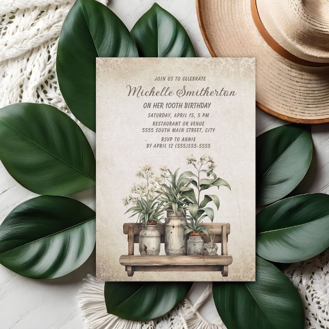 Convites Plantas Rústicas de Fazenda Antiga Aniversário de  (Vintage potted plants 100th birthday party invitation)
