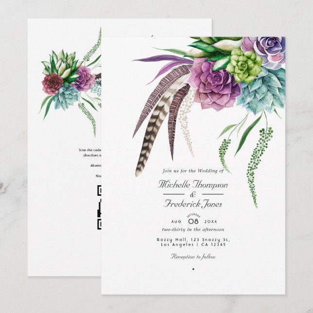 Convites Plantas Suculentas Boho Código QR RSVP Casamento (Frente/Verso)